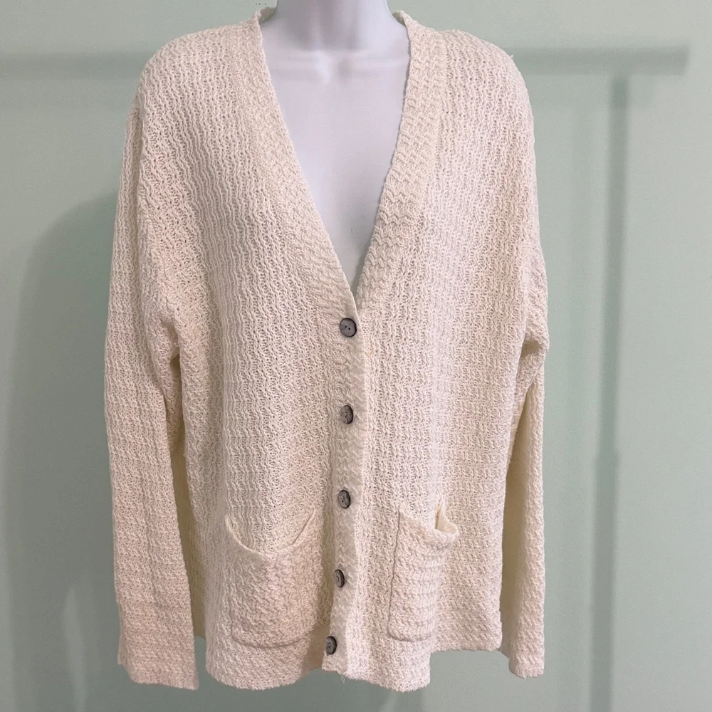 Cream Textured Knit Button Front Cardigan XL Soft Oversized Sweater with Pockets